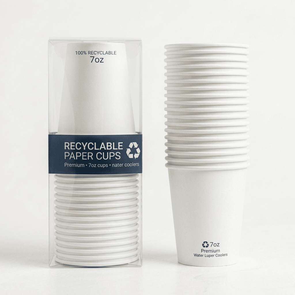 Box of recyclable 7oz paper water cooler cups