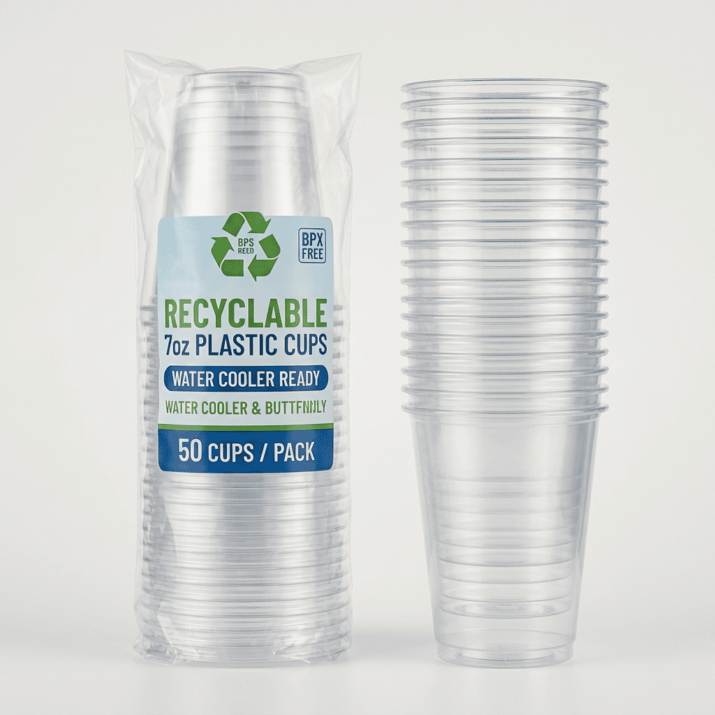 Box of recyclable 7oz plastic water cooler cups